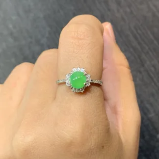 Icy Vivid Green Natural Jadeite Cabochon Ring — S925 Silver · No. CF91 (photo 5)