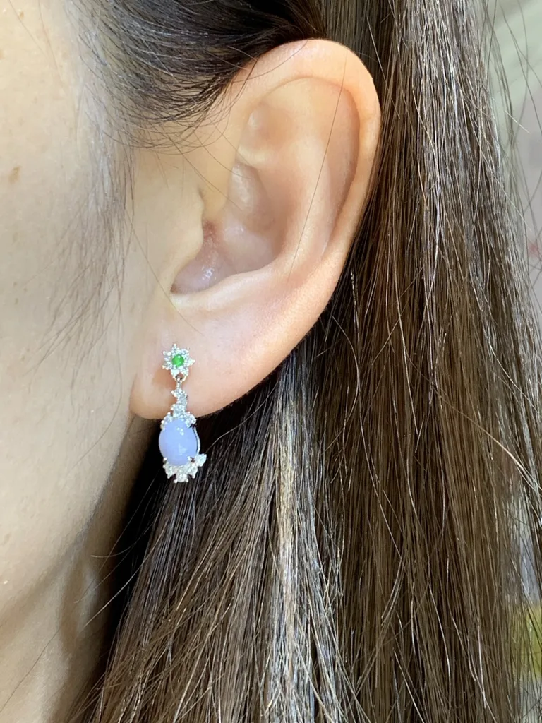 Lavender Natural Jadeite Cabochon Drop Earrings — S925 Silver · No. 53E5 (photo 5)