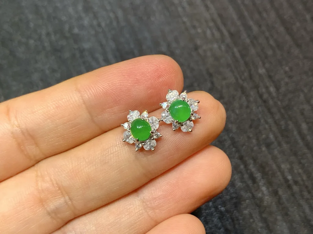 High-Icy Vivid Green Natural Jadeite Cabochon Stud Earrings — S925 Silver · No. 98F2 (photo 2)