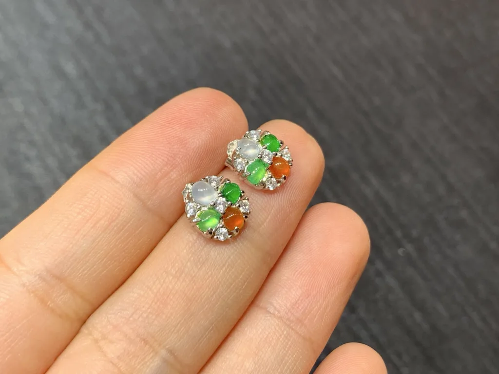 High-Icy Multicolor Natural Jadeite Cabochon Stud Earrings — S925 Silver · No. 4A65 (photo 4)