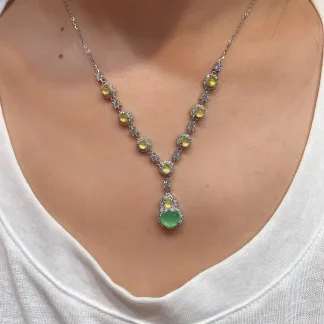 High-Icy Honey Yellow-and-Glowing Green Natural Jadeite Cabochon Necklace — S925 Silver · No. FC8D