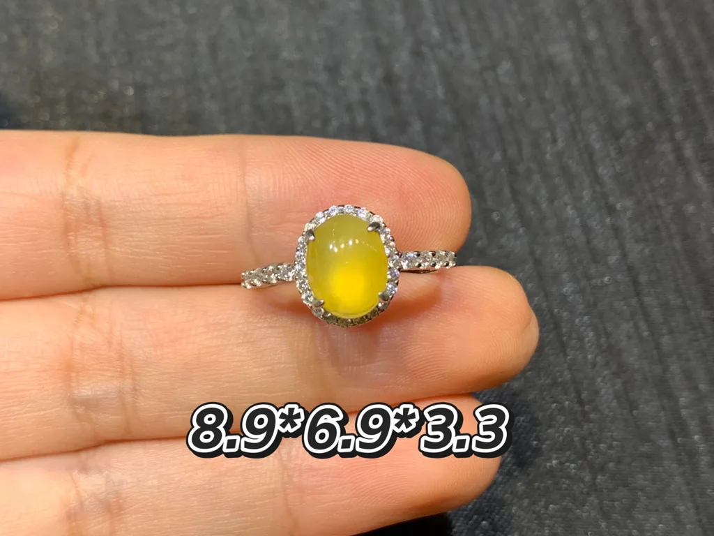 High-Icy Honey Yellow Natural Jadeite Cabochon Ring — S925 Silver · No. E899 (photo 1)