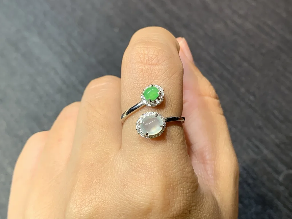 High-Icy White and Green Natural Jadeite Cabochon Ring — S925 Silver · No. 1702 (photo 5)