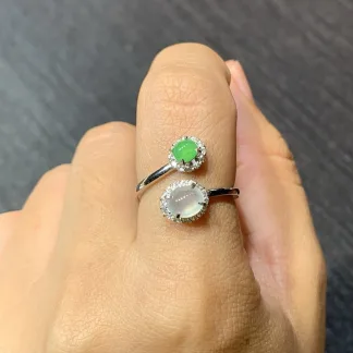 High-Icy White and Green Natural Jadeite Cabochon Ring — S925 Silver · No. 1702 (photo 5)
