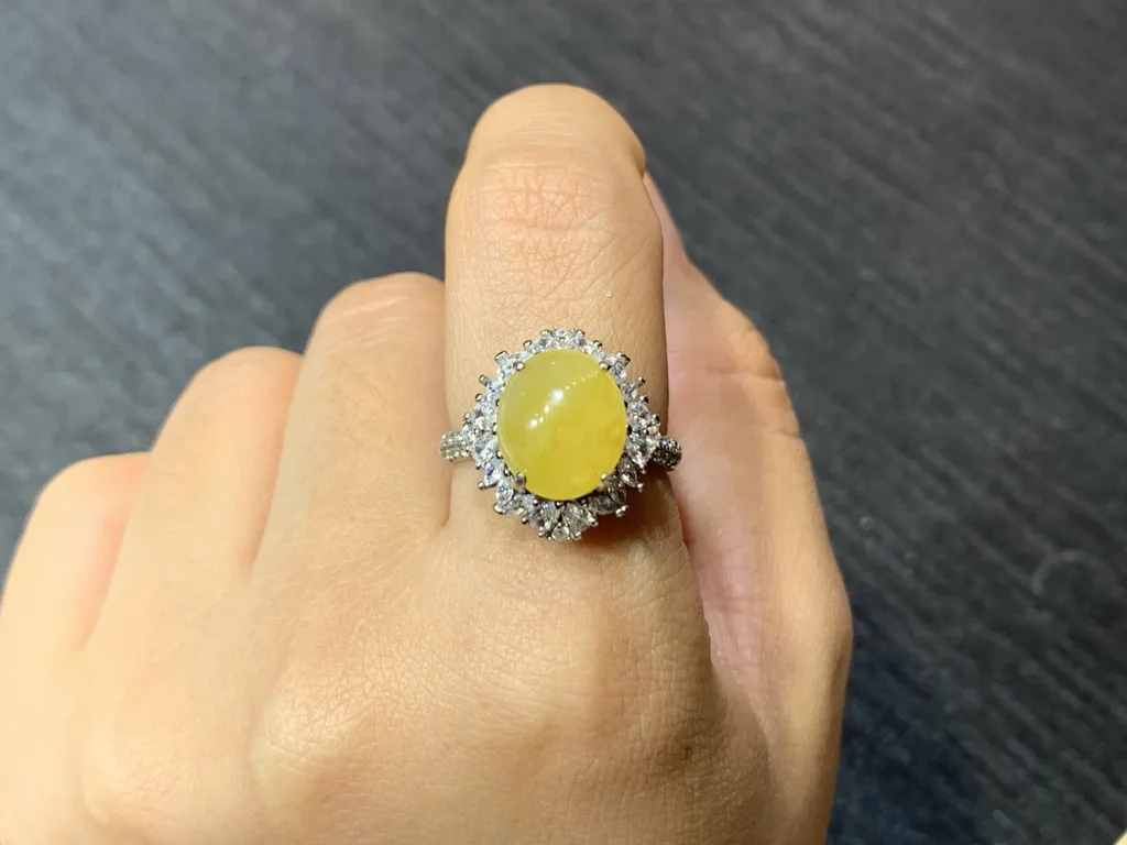 Icy Honey Yellow Natural Jadeite Cabochon Ring — S925 Silver · No. 2BAA (photo 5)