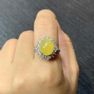 Icy Honey Yellow Natural Jadeite Cabochon Ring — S925 Silver · No. 2BAA (photo 5)