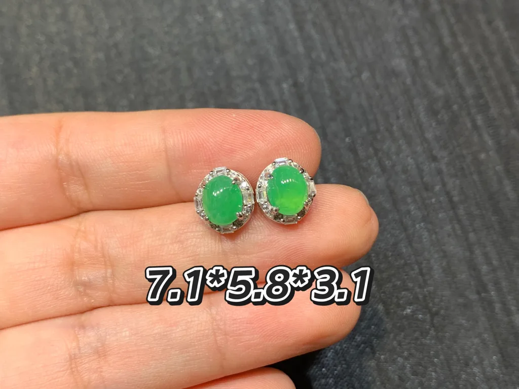 Icy Glowing Green Natural Jadeite Cabochon Stud Earrings — S925 Silver · No. 9FB8 (photo 1)