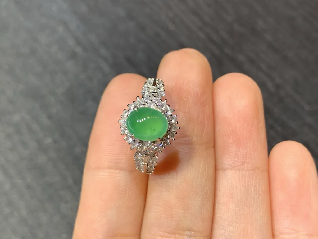 High-Icy Glowing Green Natural Jadeite Cabochon Ring — S925 Silver · No. 96D7 (photo 3)