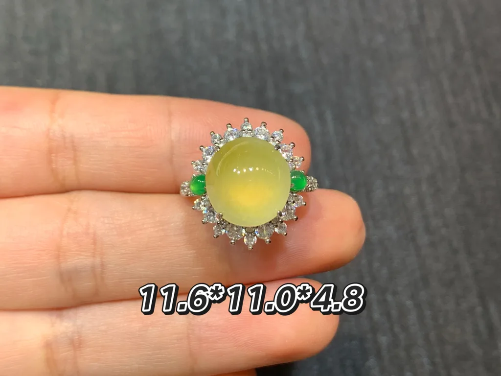 High-Icy Honey Yellow Natural Jadeite Cabochon Ring — S925 Silver · No. 9506 (photo 1)
