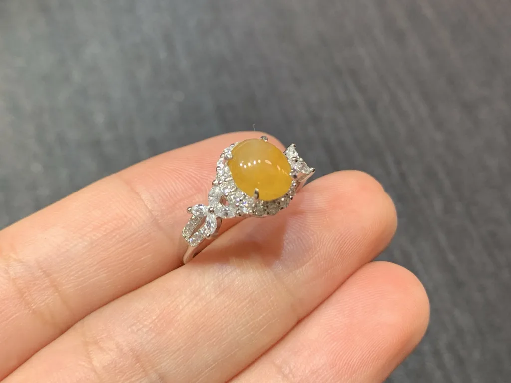 High-Icy Honey Yellow Natural Jadeite Cabochon Ring — S925 Silver · No. B710 (photo 4)