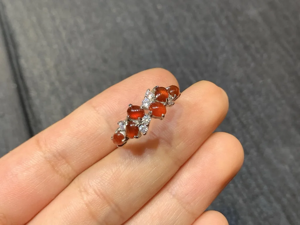 High-Icy Russet Red Natural Jadeite Cabochon Ring — S925 Silver · No. C366 (photo 2)