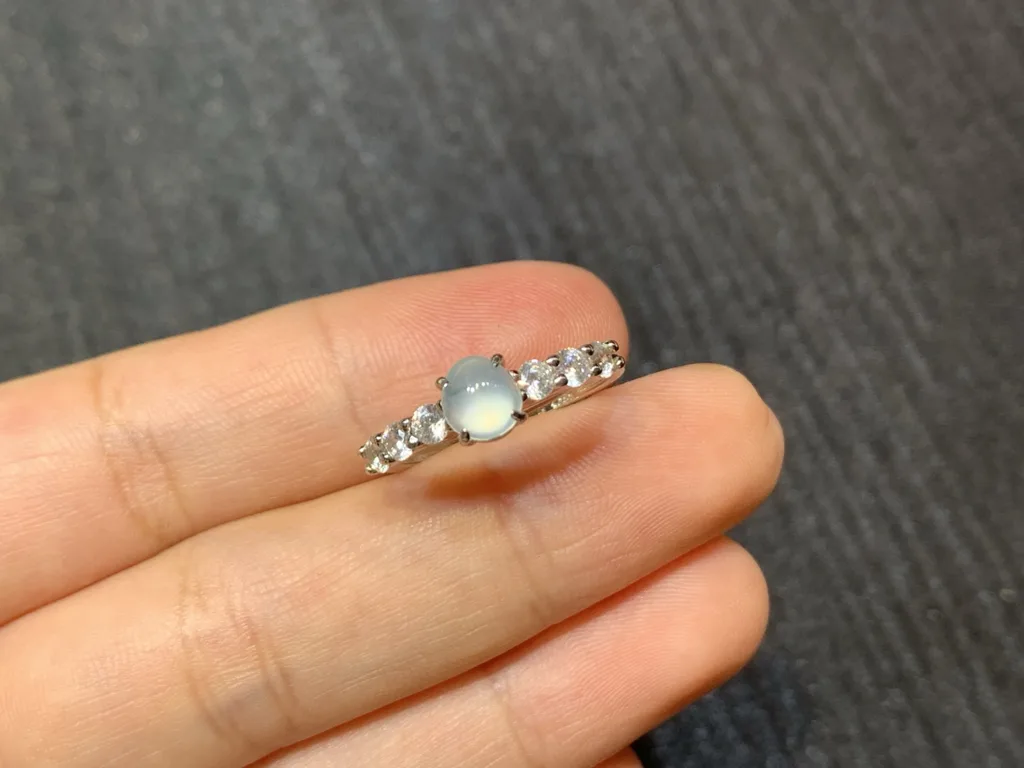 High-Icy Glowing Natural Jadeite Cabochon Ring — S925 Silver · No. 8794 (photo 2)