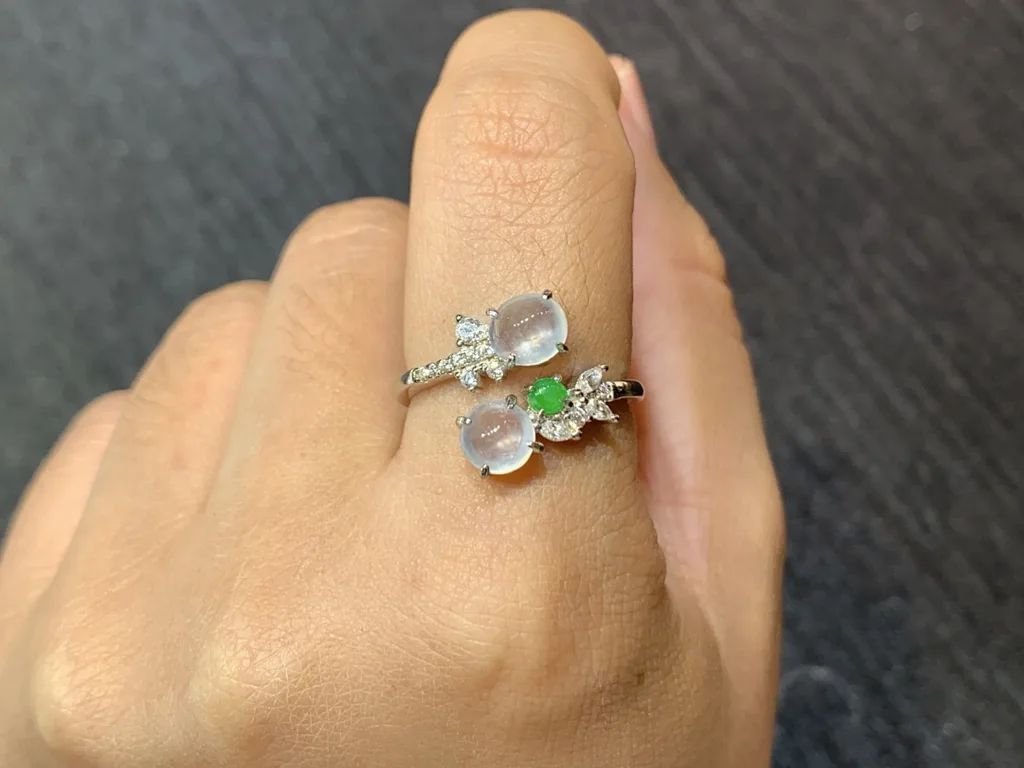 High-Icy Glowing Natural Jadeite Twin Cabochon Ring — S925 Silver · No. 900E (photo 5)
