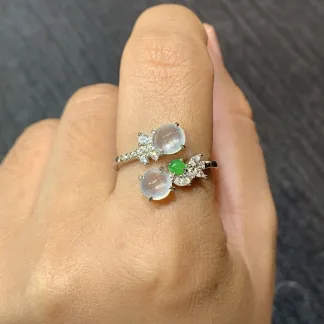 High-Icy Glowing Natural Jadeite Twin Cabochon Ring — S925 Silver · No. 900E (photo 5)