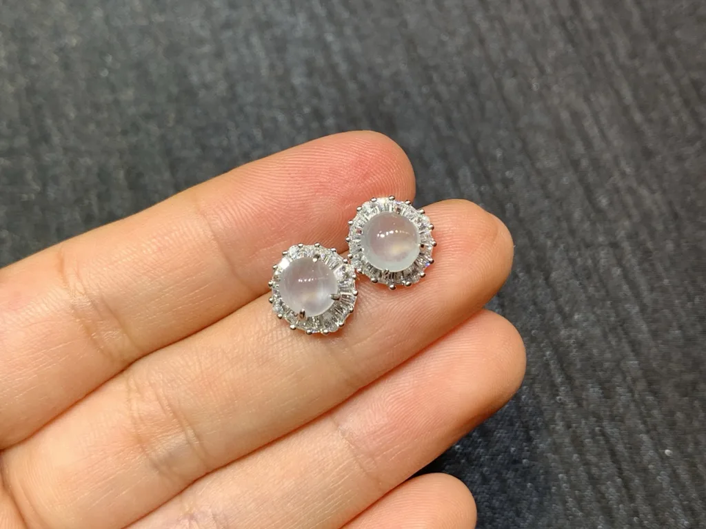 High-Icy Glowing Natural Jadeite Cabochon Stud Earrings — S925 Silver · No. 3180 (photo 2)