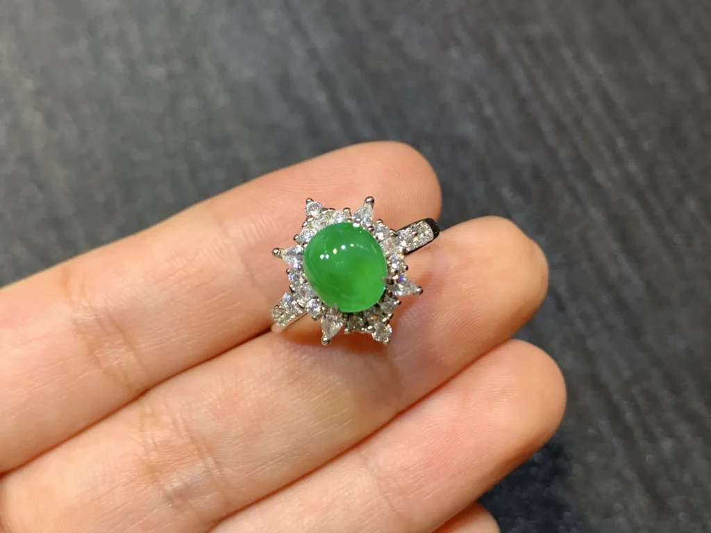 Icy Vivid Green Natural Jadeite Cabochon Ring — S925 Silver · No. 20A6 (photo 2)