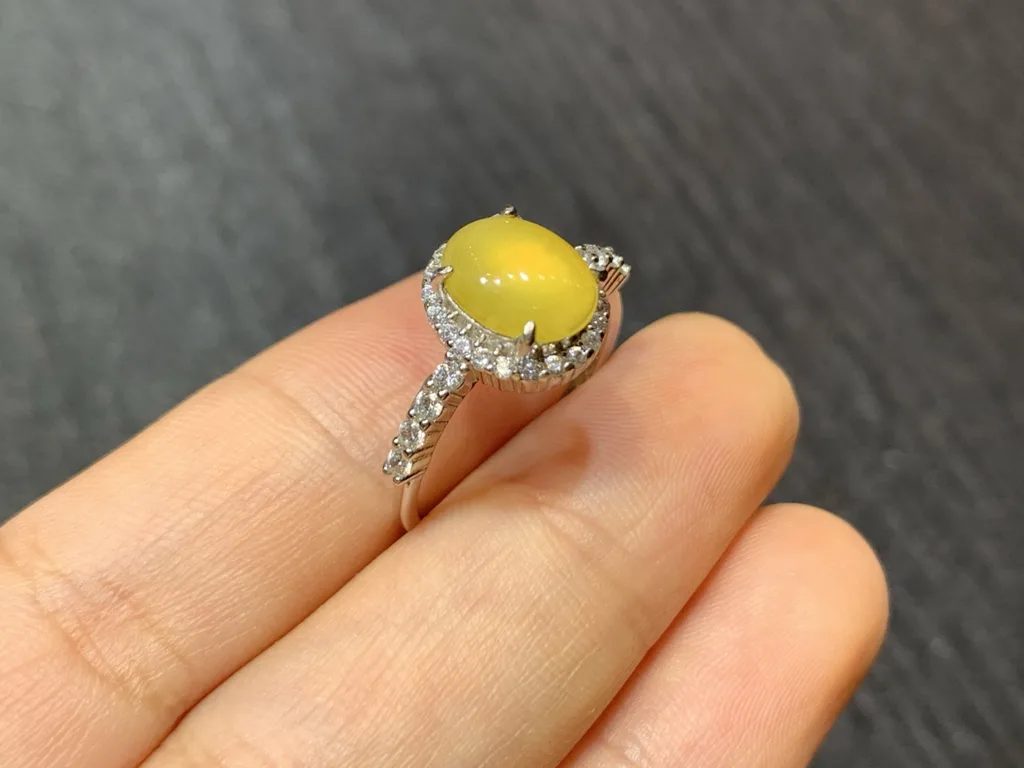 High-Icy Honey Yellow Natural Jadeite Cabochon Ring — S925 Silver · No. E899 (photo 4)