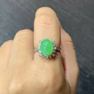 Icy Vivid Green Natural Jadeite Cabochon Ring — S925 Silver · No. D05F (photo 5)