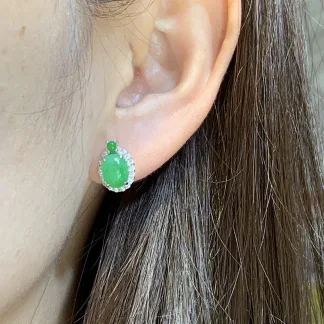Icy Vivid Green Natural Jadeite Cabochon Stud Earrings — S925 Silver · No. 5A5A (photo 5)