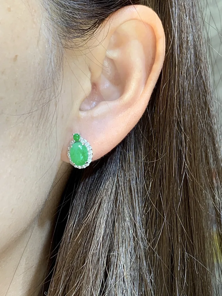 Icy Vivid Green Natural Jadeite Cabochon Stud Earrings — S925 Silver · No. 5A5A (photo 5)