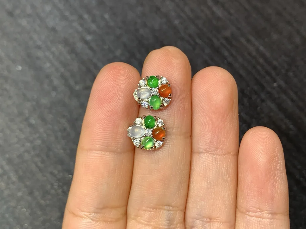 High-Icy Multicolor Natural Jadeite Cabochon Stud Earrings — S925 Silver · No. 4A65 (photo 3)
