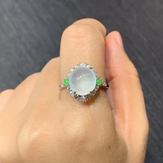 High-Icy Glowing Natural Jadeite Cabochon Ring — S925 Silver · No. EA1F