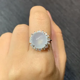 High-Icy Glowing Natural Jadeite Cabochon Ring — S925 Silver · No. DDAC