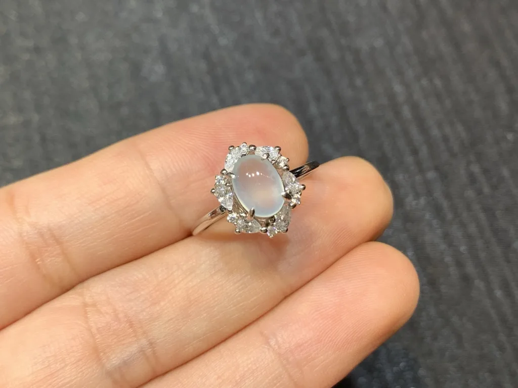 High-Icy Glowing Natural Jadeite Cabochon Ring — S925 Silver · No. E02F (photo 2)
