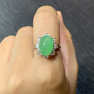 Icy Vivid Green Natural Jadeite Cabochon Ring — S925 Silver · No. 40D9 (photo 5)