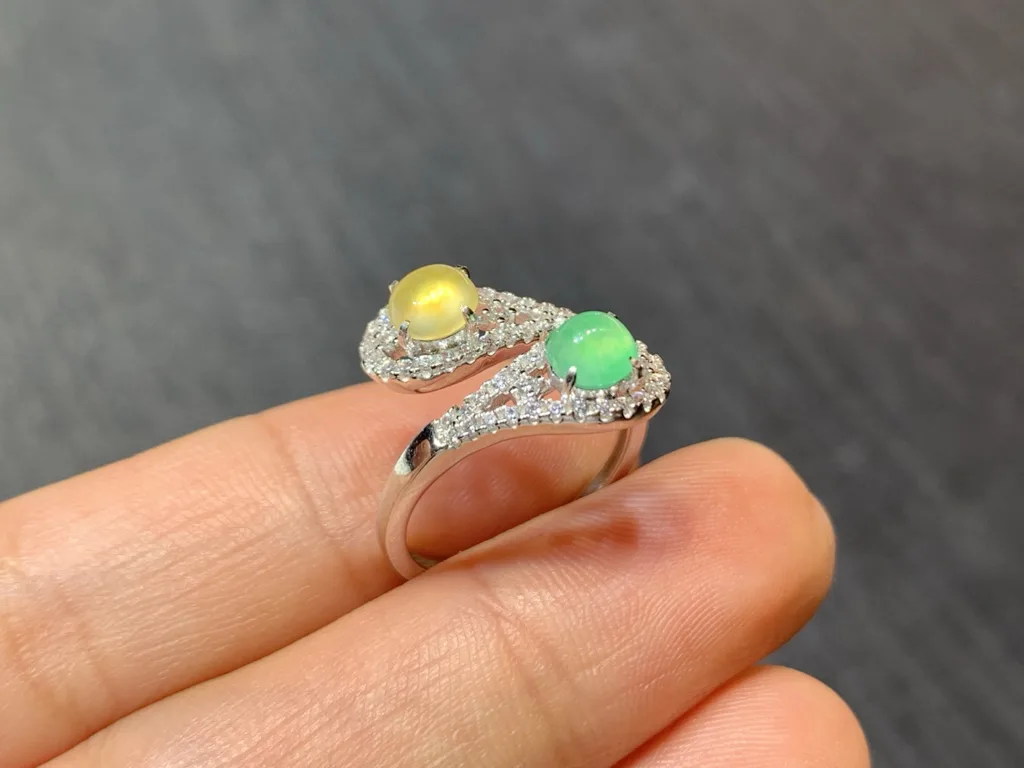 High-Icy Yellow and Green Natural Jadeite Cabochon Ring — S925 Silver · No. 968F (photo 3)