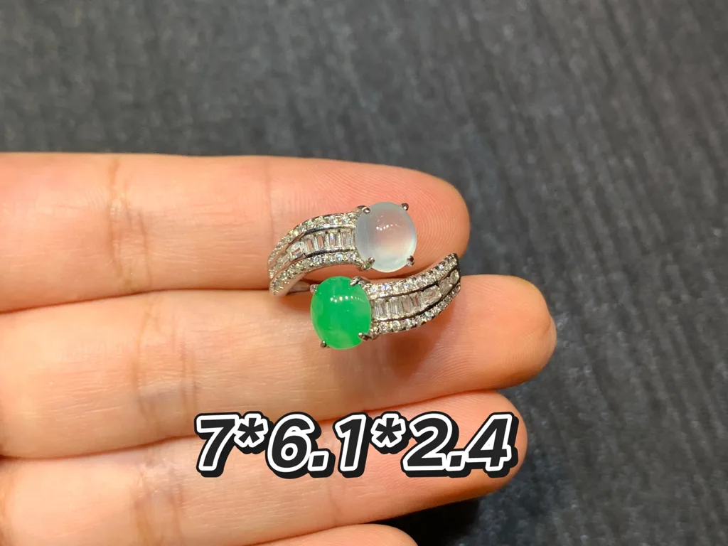 High-Icy Glowing White and Green Natural Jadeite Cabochon Ring — S925 Silver · No. C1E3 (photo 1)