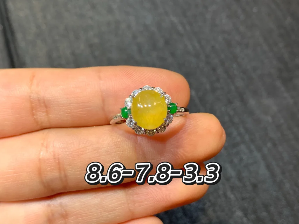 High-Icy Honey Yellow Natural Jadeite Cabochon Ring — S925 Silver · No. 032E (photo 1)