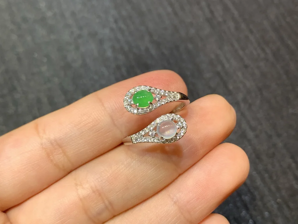 High-Icy White and Green Natural Jadeite Cabochon Ring — S925 Silver · No. 93B5 (photo 2)