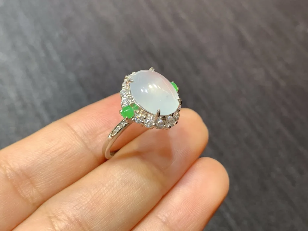 High-Icy Glowing Natural Jadeite Cabochon Ring — S925 Silver · No. 96B6 (photo 4)