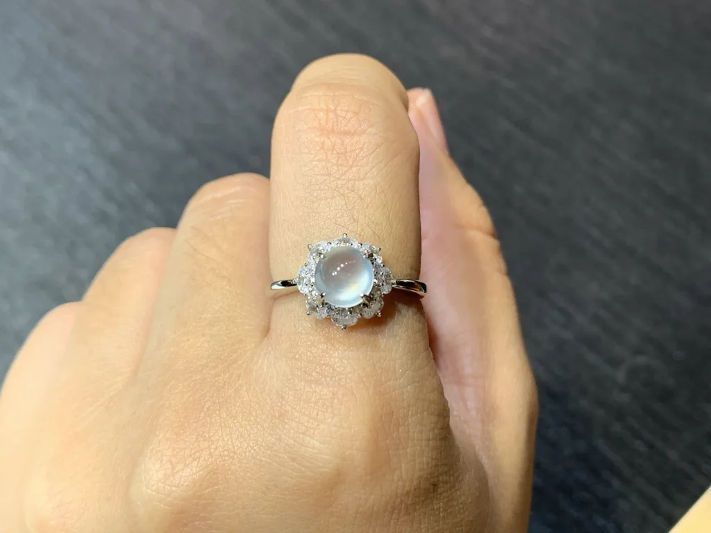 High-Icy Radiant Cabochon Natural Jadeite Cabochon Ring — S925 Silver · No. 7E0B (photo 5)