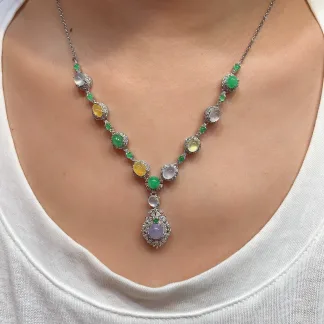 High-Icy Multicolor Natural Jadeite Cabochon Necklace — S925 Silver · No. A5C5