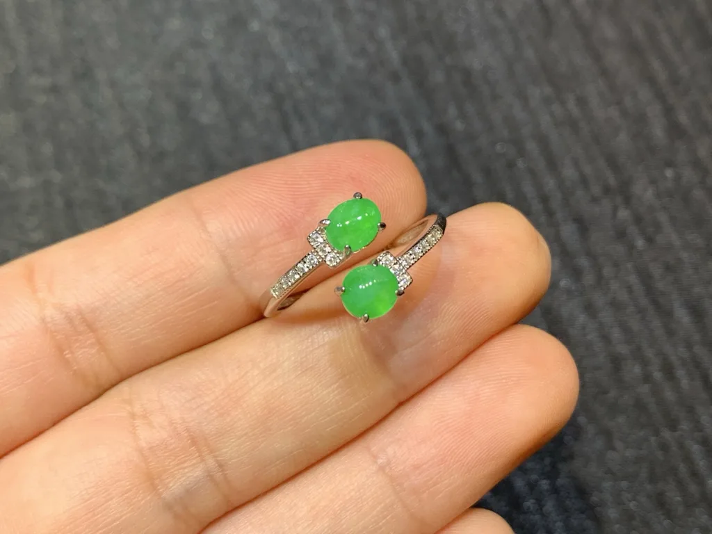 Icy Vivid Green Natural Jadeite Twin Cabochon Ring — S925 Silver · No. 46F3 (photo 2)