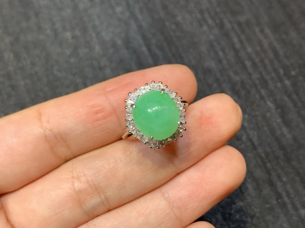 Icy Vivid Green Natural Jadeite Cabochon Ring — S925 Silver · No. 90A9 (photo 2)