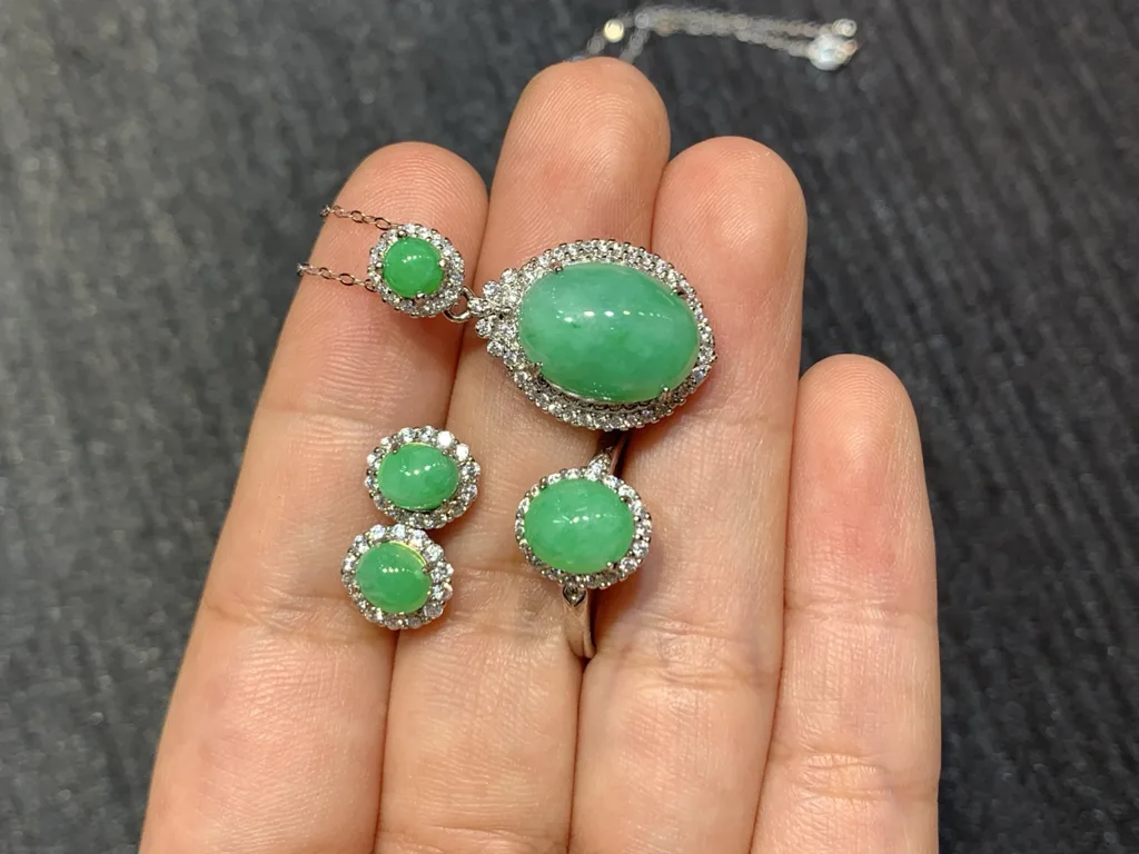 Full Green Natural Jadeite Cabochon Set — S925 Silver · No. 6C2F (photo 3)