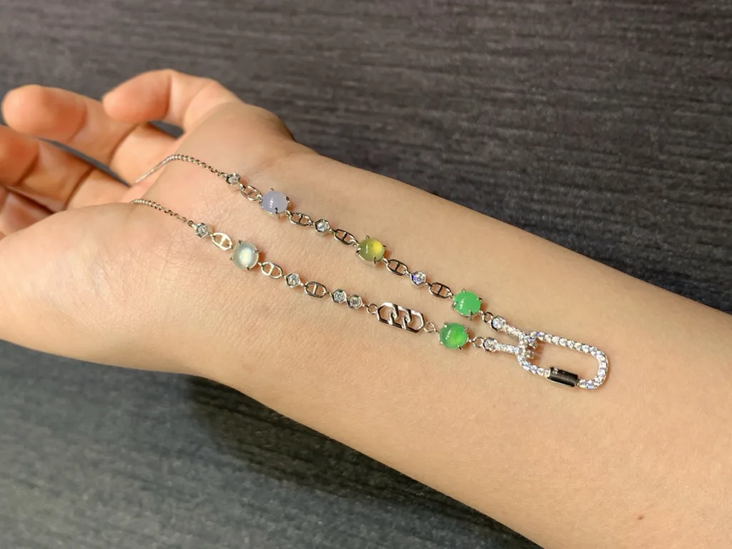 High-Icy Multicolor Natural Jadeite Convertible Cabochon Chain — S925 Silver · No. 99F7 (photo 3)