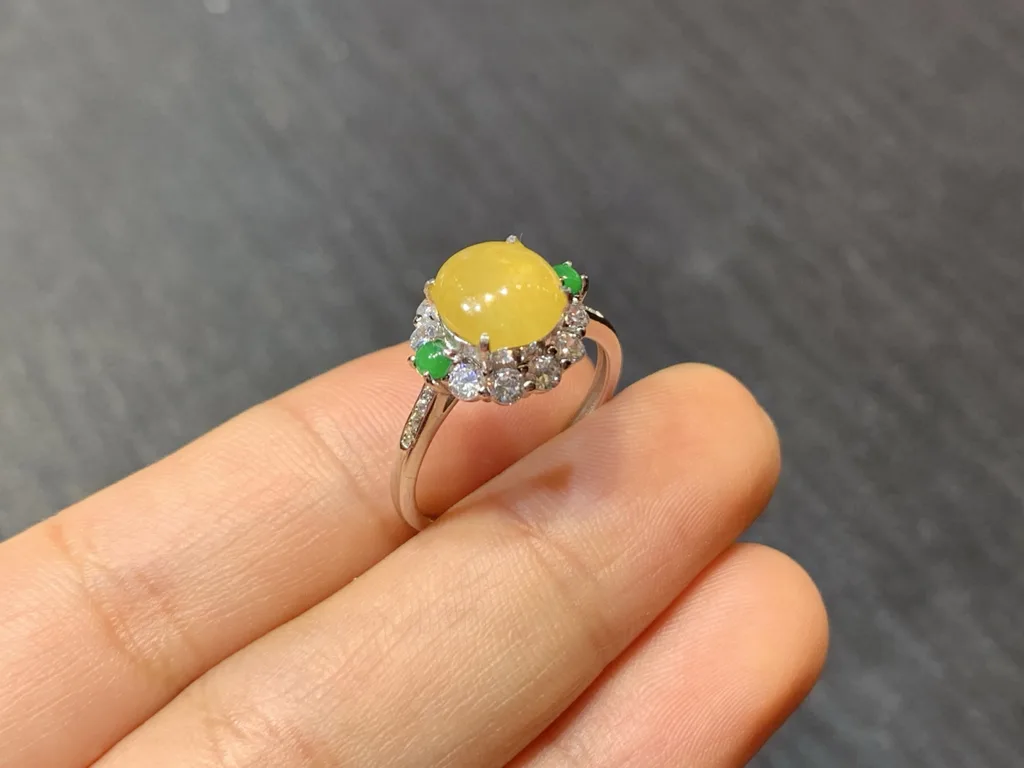 High-Icy Honey Yellow Natural Jadeite Cabochon Ring — S925 Silver · No. 032E (photo 4)