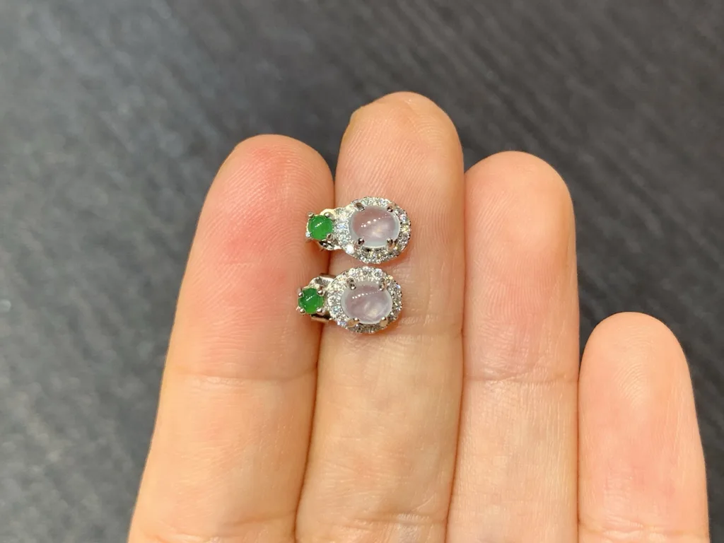High-Icy Glowing Natural Jadeite Cabochon Stud Earrings — S925 Silver · No. 93C6 (photo 3)