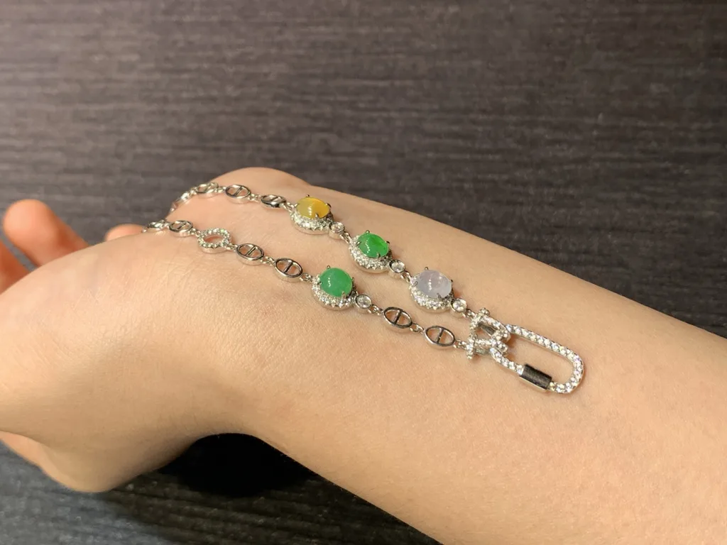 High-Icy Multicolor Natural Jadeite Convertible Cabochon Chain — S925 Silver · No. C53B (photo 4)
