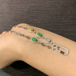 High-Icy Multicolor Natural Jadeite Convertible Cabochon Chain — S925 Silver · No. C53B (photo 4)