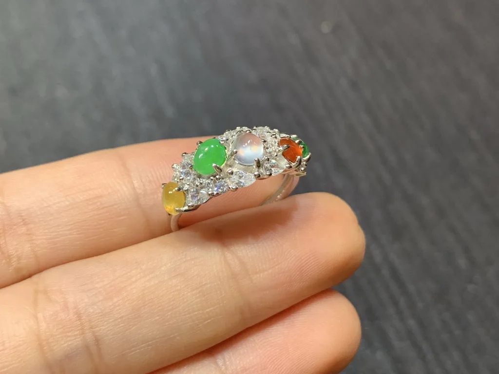High-Icy Multicolor Natural Jadeite Cabochon Ring — S925 Silver · No. CF24 (photo 4)
