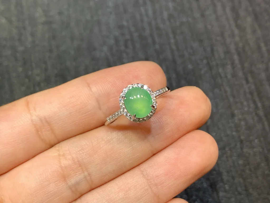High-Icy Clear Green Natural Jadeite Cabochon Ring — S925 Silver · No. C70E (photo 2)