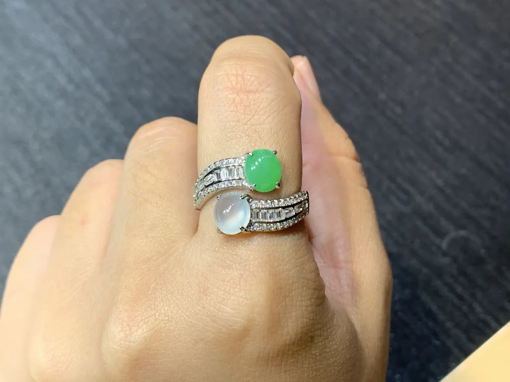High-Icy Glowing White and Green Natural Jadeite Cabochon Ring — S925 Silver · No. C1E3 (photo 5)