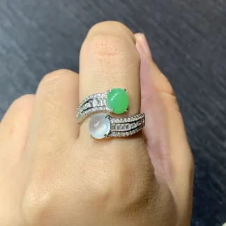 High-Icy Glowing White and Green Natural Jadeite Cabochon Ring — S925 Silver · No. C1E3 (photo 5)
