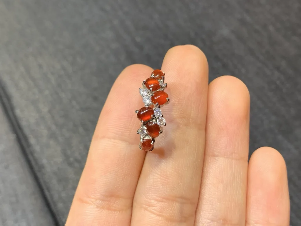 High-Icy Russet Red Natural Jadeite Cabochon Ring — S925 Silver · No. C366 (photo 3)