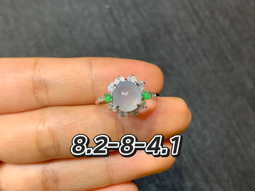 冰荧光天然翡翠蛋面戒指 S925 银 · 编号 239F（图 1）